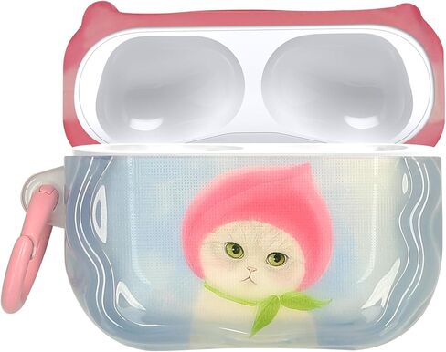 kwmobile in-Ear Headphones Case for Apple Airpods Pro 3 - Protective Shockproof Case for Earbuds with Keychain - Soft & Durable Cat and Peach in Kuwait