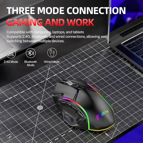 ماوس ألعاب لاسلكي، ثلاثي الوضع 2.4 جيجا/بلوتوث/USB-C، 24000 نقطة لكل بوصة، 12 زرًا قابلاً للبرمجة، بطارية قابلة لإعادة الشحن 500 مللي أمبير في الساعة، 7 أوضاع إضاءة RGB، ذاكرة مدمجة للكمبيوتر المحمول/الكمبيوتر الشخصي/جهاز Mac (أسود) in Kuwait