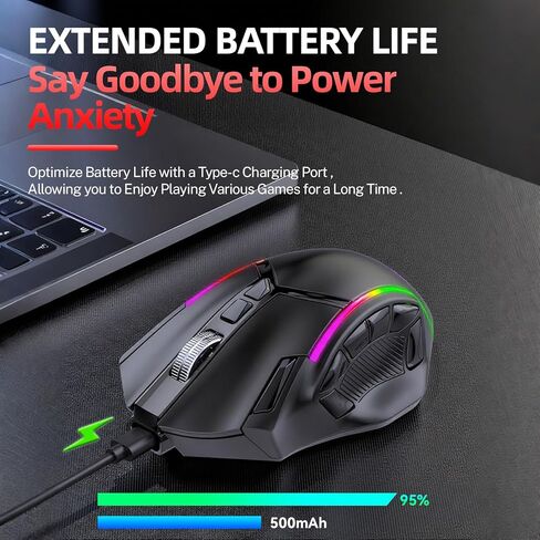 ماوس ألعاب لاسلكي، ثلاثي الوضع 2.4 جيجا/بلوتوث/USB-C، 24000 نقطة لكل بوصة، 12 زرًا قابلاً للبرمجة، بطارية قابلة لإعادة الشحن 500 مللي أمبير في الساعة، 7 أوضاع إضاءة RGB، ذاكرة مدمجة للكمبيوتر المحمول/الكمبيوتر الشخصي/جهاز Mac (أسود) in Kuwait