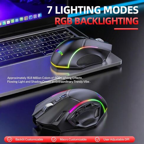 ماوس ألعاب لاسلكي، ثلاثي الوضع 2.4 جيجا/بلوتوث/USB-C، 24000 نقطة لكل بوصة، 12 زرًا قابلاً للبرمجة، بطارية قابلة لإعادة الشحن 500 مللي أمبير في الساعة، 7 أوضاع إضاءة RGB، ذاكرة مدمجة للكمبيوتر المحمول/الكمبيوتر الشخصي/جهاز Mac (أسود) in Kuwait
