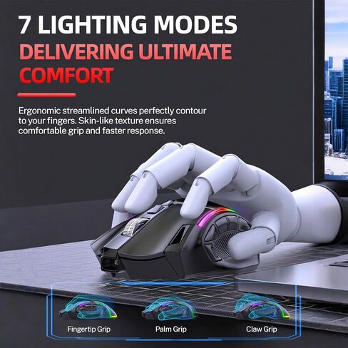 ماوس ألعاب لاسلكي، ثلاثي الوضع 2.4 جيجا/بلوتوث/USB-C، 24000 نقطة لكل بوصة، 12 زرًا قابلاً للبرمجة، بطارية قابلة لإعادة الشحن 500 مللي أمبير في الساعة، 7 أوضاع إضاءة RGB، ذاكرة مدمجة للكمبيوتر المحمول/الكمبيوتر الشخصي/جهاز Mac (أسود) in Kuwait
