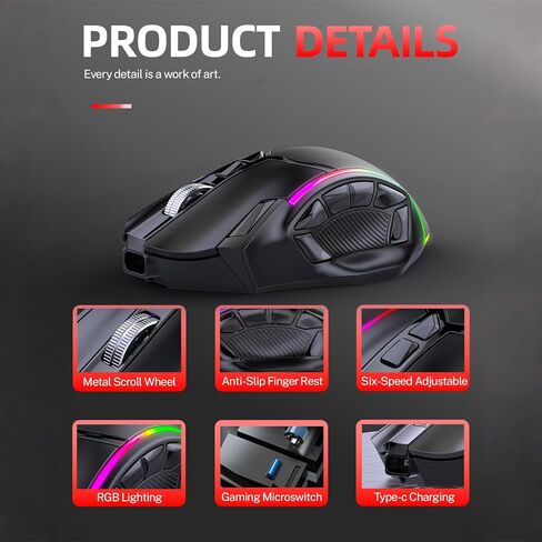 ماوس ألعاب لاسلكي، ثلاثي الوضع 2.4 جيجا/بلوتوث/USB-C، 24000 نقطة لكل بوصة، 12 زرًا قابلاً للبرمجة، بطارية قابلة لإعادة الشحن 500 مللي أمبير في الساعة، 7 أوضاع إضاءة RGB، ذاكرة مدمجة للكمبيوتر المحمول/الكمبيوتر الشخصي/جهاز Mac (أسود) in Kuwait
