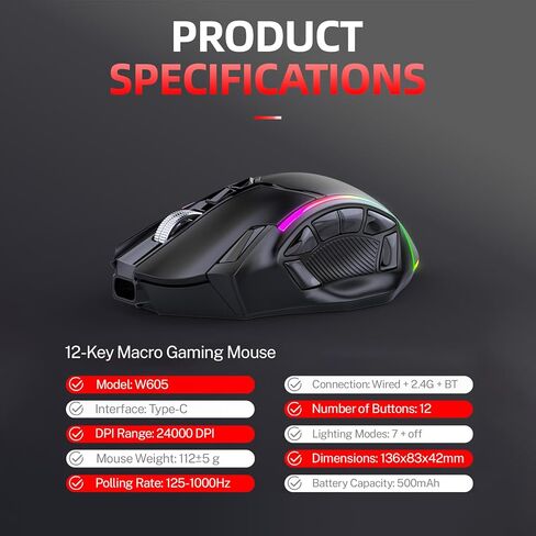 ماوس ألعاب لاسلكي، ثلاثي الوضع 2.4 جيجا/بلوتوث/USB-C، 24000 نقطة لكل بوصة، 12 زرًا قابلاً للبرمجة، بطارية قابلة لإعادة الشحن 500 مللي أمبير في الساعة، 7 أوضاع إضاءة RGB، ذاكرة مدمجة للكمبيوتر المحمول/الكمبيوتر الشخصي/جهاز Mac (أسود) in Kuwait