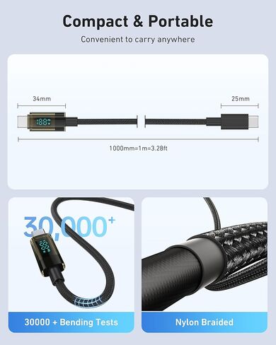 كابل BENFEI USB C إلى USB C بقوة 100 واط مع شاشة LED [عبوتان بطول 3.3 قدم]، كابل شحن سريع شفاف USB C لهواتف iPhone 17/16/15 Pro Max/Plus وiPad وMacBook وSamsung Galaxy S25/S24/S23 وGoogle Pixel in Kuwait