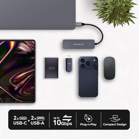 محور IOGEAR 4 منافذ USB-C الجيل 2، 10 جيجابت في الثانية، منافذ USB-A وUSB-C مزدوجة، نقل سريع للبيانات فقط، كابل مدمج ومضفر، ماك بوك، ويندوز، GUH3C410 in Kuwait