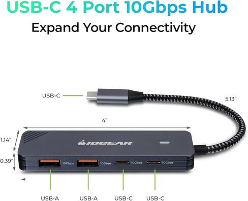 محور IOGEAR 4 منافذ USB-C الجيل 2، 10 جيجابت في الثانية، منافذ USB-A وUSB-C مزدوجة، نقل سريع للبيانات فقط، كابل مدمج ومضفر، ماك بوك، ويندوز، GUH3C410 in Kuwait