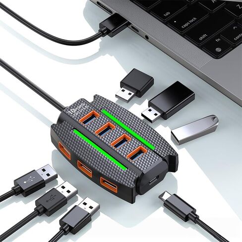 USB 2.0 Hub with Cable, 10 Port USB Splitter, Extender Hub 5Gbps, Multiport Adapter for Charging/Data Sync, Compatible with Laptop, Flash Drive, Console, Printer, Camera, Keyboard, Mouse, 0.6m, Black in Kuwait