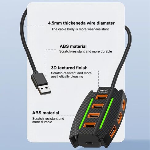 USB 2.0 Hub with Cable, 10 Port USB Splitter, Extender Hub 5Gbps, Multiport Adapter for Charging/Data Sync, Compatible with Laptop, Flash Drive, Console, Printer, Camera, Keyboard, Mouse, 0.6m, Black in Kuwait
