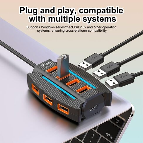 USB 2.0 Hub with Cable, 10 Port USB Splitter, Extender Hub 5Gbps, Multiport Adapter for Charging/Data Sync, Compatible with Laptop, Flash Drive, Console, Printer, Camera, Keyboard, Mouse, 0.6m, Black in Kuwait