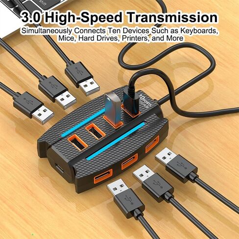 USB 2.0 Hub with Cable, 10 Port USB Splitter, Extender Hub 5Gbps, Multiport Adapter for Charging/Data Sync, Compatible with Laptop, Flash Drive, Console, Printer, Camera, Keyboard, Mouse, 0.6m, Black in Kuwait