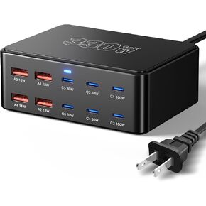 محطة شحن USB C 330 وات 10 منافذ، PD 100 وات 65 وات 45 وات 30 وات 20 وات محور شاحن سريع للكمبيوتر المحمول والهاتف، متوافق مع MacBook Pro/Air، iPhone 17/16/15/Pro، iPads، Galaxy in Kuwait