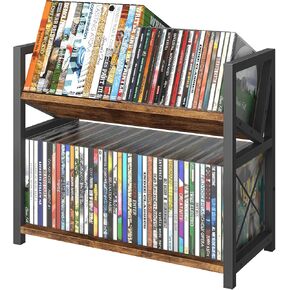 ELITEROO 2-Tier CD Holder, Wooden DVD Storage Rack for Display, Tilting CD Shelf Holds Up to Standard CDs 80 Cases or DVDs 56 cases, Retro Desk DVD Organizer Tower for Music Enthusiasts, Rustic Brown in Kuwait