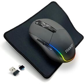 مجموعة ماوس ووسادة لاسلكية - شريط LED متعدد الألوان، مستقبل بلوتوث وUSB، وضع ثلاثي، 6 أزرار، قابلة لإعادة الشحن، نقرات هادئة، محول USB-C، دقة 3200 نقطة في البوصة - للكمبيوتر الشخصي والكمبيوتر المحمول والكمبيوتر اللوحي in Kuwait
