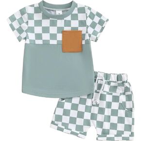 Baby Boy Girl Summer Outfits Checkerboard Short Sleeve T-Shirt Elastic Waist Shorts Set Toddler Checkered Outfit in Kuwait