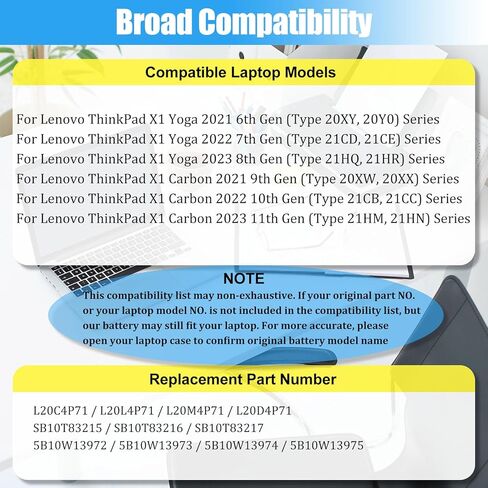 استبدال بطارية L20C4P71 L20M4P71 لجهاز Lenovo ThinkPad X1 Carbon 9th 10th 11th Gen، ThinkPad X1 Yoga 6th 7th Gen 2021 2022 2023 Series بطارية كمبيوتر محمول SB10T83216 5B10W13973 57Wh in Kuwait