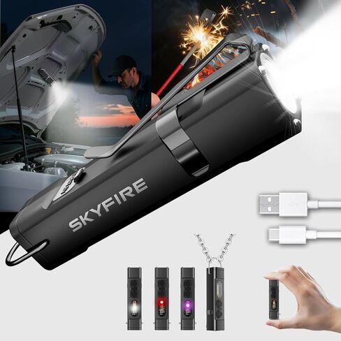SKYFIRE 2 حزمة مصباح يدوي EDC قابل لإعادة الشحن مع ولاعة كهربائية، مشبك وقاعدة مغناطيسية، مصابيح فلاش صغيرة مع ضوء LED أحمر وأبيض بالأشعة فوق البنفسجية ضوء جيب محمول للعمل في حالات الطوارئ في الأماكن الخارجية in Kuwait