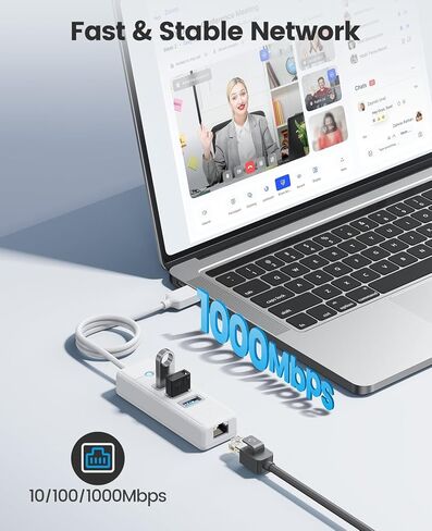 USB Hub Ethernet، 4 منافذ USB 3.0 مع كابل 6FT، محول USB-A إلى جيجابت إيثرنت مع 3 محاور USB 3.0 للكمبيوتر المحمول، محور USB مع RJ45 10/100/1000 جيجابت in Kuwait