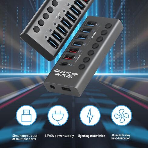 موزع USB 3.0 يعمل بالطاقة، التوصيل والتشغيل 100-240 فولت، مفاتيح فردية 5 جيجابت في الثانية 7 منافذ USB Hub حامي لأجهزة الكمبيوتر المحمول (قابس الولايات المتحدة 100‑240 فولت) in Kuwait