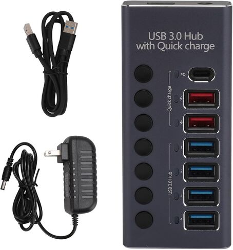 موزع USB 3.0 يعمل بالطاقة، التوصيل والتشغيل 100-240 فولت، مفاتيح فردية 5 جيجابت في الثانية 7 منافذ USB Hub حامي لأجهزة الكمبيوتر المحمول (قابس الولايات المتحدة 100‑240 فولت) in Kuwait
