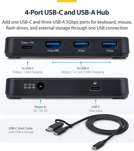 StarTech 4-Port USB-C and USB-A Hub, 5Gbps, Self-Powered, 2-in-1 Host Adapter Cable, 1x USB-C and 3X USB-A (1x BC 1.2), 36W Power Adapter Incl., MacBook and Windows in Kuwait