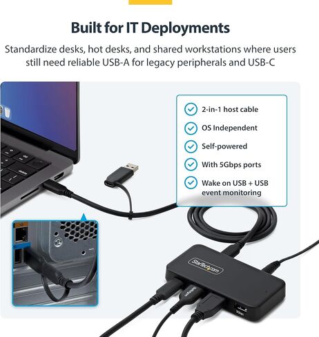 StarTech 4-Port USB-C and USB-A Hub, 5Gbps, Self-Powered, 2-in-1 Host Adapter Cable, 1x USB-C and 3X USB-A (1x BC 1.2), 36W Power Adapter Incl., MacBook and Windows in Kuwait