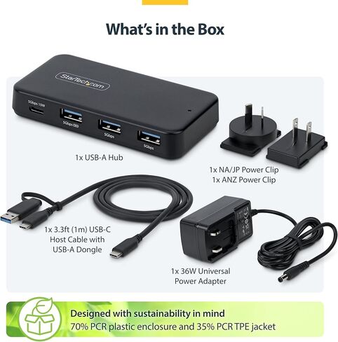 StarTech 4-Port USB-C and USB-A Hub, 5Gbps, Self-Powered, 2-in-1 Host Adapter Cable, 1x USB-C and 3X USB-A (1x BC 1.2), 36W Power Adapter Incl., MacBook and Windows in Kuwait