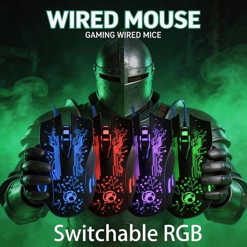 【 كفاءة مصباح التنفس RGB - كابل 55 بوصة 】 2026 ماوس سلكي USB احترافي للرياضات الإلكترونية، 4 سرعات DPI قابلة للتعديل، 4 أنواع من الأضواء قابلة للتحويل، ماوس ألعاب بصري مريح، أجهزة كمبيوتر محمولة in Kuwait