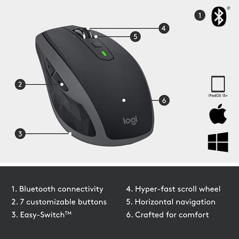 Logitech MX Anywhere 2S Bluetooth Edition Compact Wireless Mouse, No USB Receiver - Use on Any Surface, Rechargeable, Control up to 3 Apple Mac and Windows Computers and Laptops (Renewed) in Kuwait