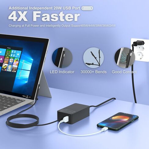 65W Charger Compatible for Surface Pro 9, 8, 7+, 7, 6, 5, 4, 3, X, Compatible for Windows Surface Laptop 6, 5, 4, 3, 2, 1, Surface Book Go Tablet Power Cord in Kuwait