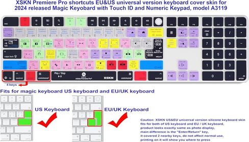 XSKN Premiere Pro Shortcuts Keyboard Cover Skin Fits for Apple 2024 iMac M4 Chip Magic Keyboard with Touch ID and Numeric Keypad A3119 in Kuwait
