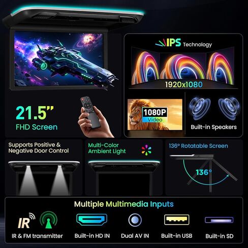 XTRONS مشغل علوي للسيارة مقاس 21.5 بوصة، شاشة 16:9 رفيعة للغاية FHD IPS مثبتة على سقف السيارة مع مكبرات صوت ستيريو مدمجة، دعم تلفزيون قابل للطي IR، HDMI، USB، بطاقة SD، مدخل AV in Kuwait