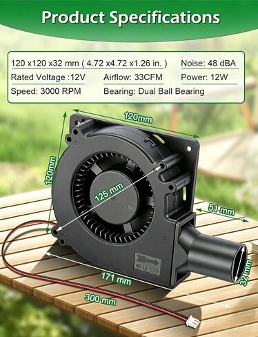 120mm x 32mm Blower Fan 12V DC Squirrel Cage Centrifugal Blower with Air Duct,Dual Ball Bearing Brushless 2-Pin Cooling Fan for 3D Printer Enclosure,BBQ Smokers,Forge,Replacement Inflatables in Kuwait