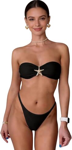 Rarityus Women's Gold Starfish Bandeau مجموعة مثيرة ربطة عنق عالية قطع ملابس السباحة 2 قطعة نوبة السباحة in Saudi Arabia