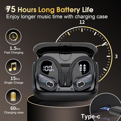 Wireless Earbuds 75hrs Bluetooth 5.4 Headphone Sport, 2024 Bluetooth Earbuds Stereo Deep Bass Over Ear Bud with Earhooks, ENC Noise Cancelling Mic, IPX7 Waterproof Earphone for Workout/Running in Kuwait