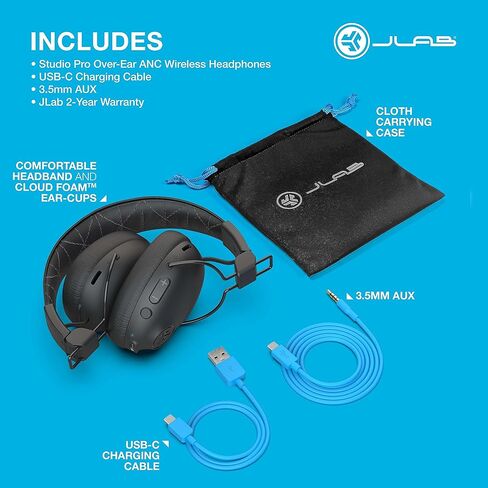 سماعات رأس JLab Studio Pro ANC بلوتوث لاسلكية فوق الأذن، وقت تشغيل بلوتوث 5+ 45 ساعة، إلغاء الضوضاء النشط الذكي، صوت EQ3، وسائد من الجلد الصناعي الفخم للغاية ووسائد إسفنجية سحابية، أسود in Kuwait