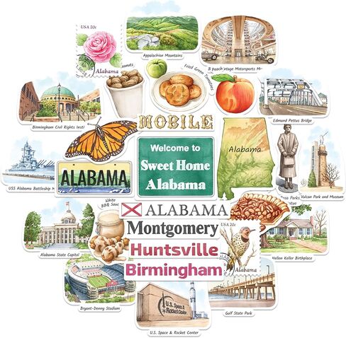 Navy Peony Authentic Alabama State Statement Stickers - Hand-Illustrated Watercolor, Glossy, Waterproof - for Luggage, Laptops, Water Bottles (28 Pcs) in Kuwait