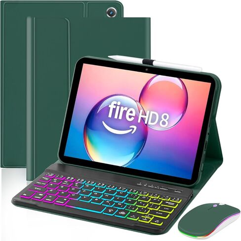 EAMPANG Case with Keyboard Mouse for Amazon Kindle Fire HD 8&8 Plus (2020&2022) 8 inch,7 Color Rainbow Backlit Detachable Keyboard Magnetic Case for HD 8 10th/12th Gen-DarkGreen in Kuwait
