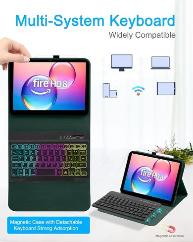 EAMPANG Case with Keyboard Mouse for Amazon Kindle Fire HD 8&8 Plus (2020&2022) 8 inch,7 Color Rainbow Backlit Detachable Keyboard Magnetic Case for HD 8 10th/12th Gen-DarkGreen in Kuwait