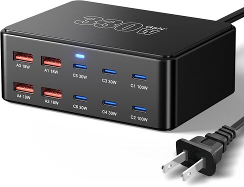 330W 10-Port USB C Charging Station, PD 100W 65W 45W 30W 20W Laptop & Phone Desktop Fast Charger Hub, Compatible with MacBook Pro/Air, iPhone 17/16/15/Pro, iPads, Galaxy in Kuwait