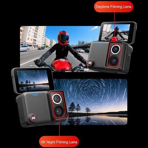 كاميرا عمل EBTOOLS 8K مزدوجة الكاميرا، 2.51 بوصة قابلة للطي 48 ميجابكسل 6 محاور تثبيت مع عدسة مزدوجة ليلية ونهارية، لمدونة فيديو للغوص وركوب الدراجات in Kuwait
