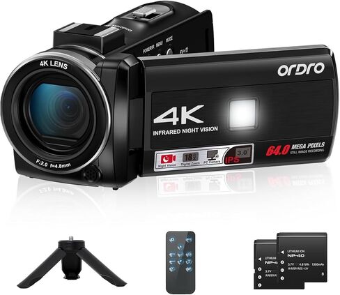 كاميرا فيديو ORDRO Z36 بدقة 4K، كاميرا تسجيل فيديو بدقة 64 ميجابكسل لتكبير رقمي 18X على YouTube وشاشة دوران 3.0 بوصة، رؤية ليلية بالأشعة تحت الحمراء، حامل ثلاثي صغير وبطاريتين in Kuwait