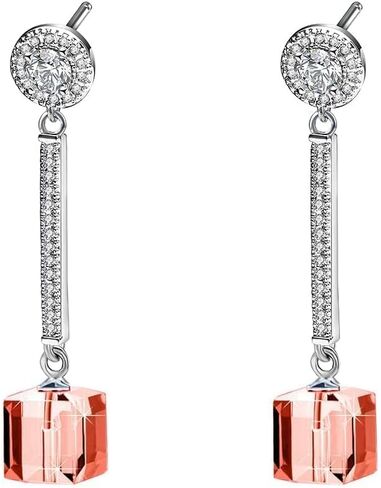 Cube Austrian Crystal Drop Long Dangle Earrings for Women 925 Sterling Silver Post Hypoallergenic Jewelry in Saudi Arabia