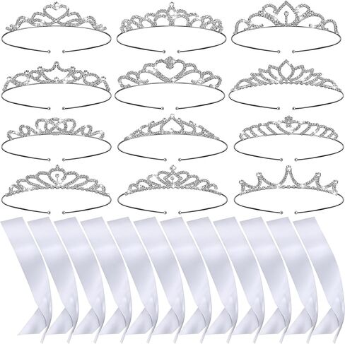 12 Blank Sashes and Tiara Set Prom Queen Satin Sashes for Pageants Rhinestone Tiara Crown White Blank Sash DIY for Birthday Wedding Beauty Pageant Prom Graduation Party Supplies in Saudi Arabia