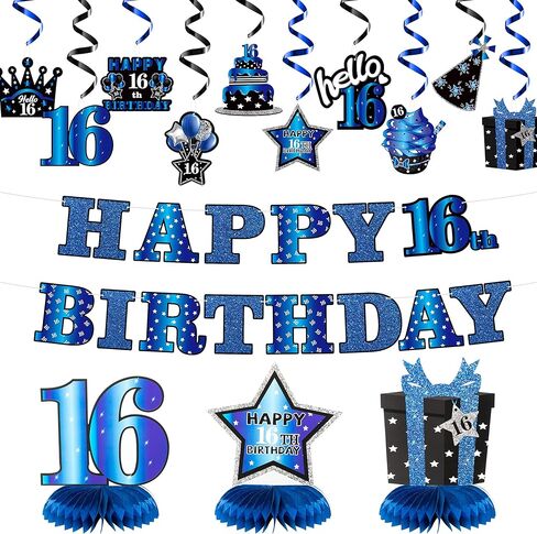 JAPBOR 16th Blue Black Birthday Banner Party Decorations, 16 Years Old Happy Birthday Hanging Swirls Honeycomb Centerpieces for Boys Girls, Cheer to 16 Years Bday Party Decor Supplies in Saudi Arabia