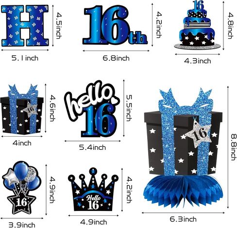 JAPBOR 16th Blue Black Birthday Banner Party Decorations, 16 Years Old Happy Birthday Hanging Swirls Honeycomb Centerpieces for Boys Girls, Cheer to 16 Years Bday Party Decor Supplies in Saudi Arabia