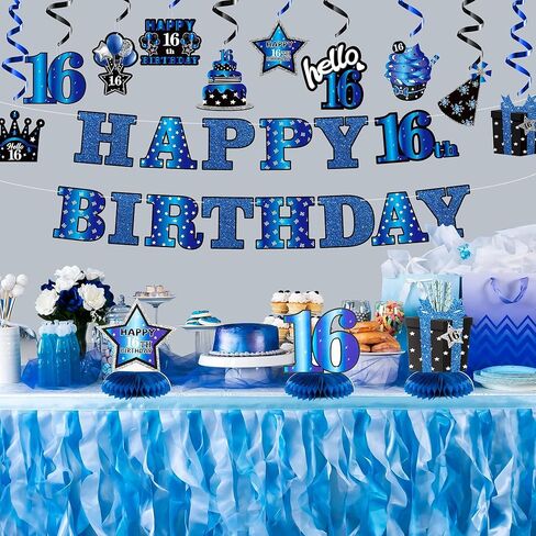 JAPBOR 16th Blue Black Birthday Banner Party Decorations, 16 Years Old Happy Birthday Hanging Swirls Honeycomb Centerpieces for Boys Girls, Cheer to 16 Years Bday Party Decor Supplies in Saudi Arabia
