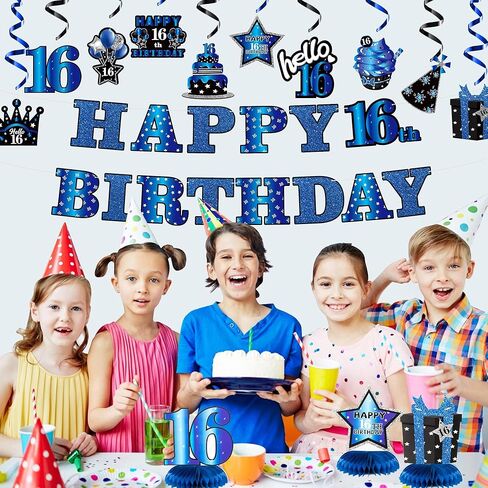 JAPBOR 16th Blue Black Birthday Banner Party Decorations, 16 Years Old Happy Birthday Hanging Swirls Honeycomb Centerpieces for Boys Girls, Cheer to 16 Years Bday Party Decor Supplies in Saudi Arabia