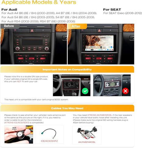 XTRONS Android 14 Car Stereo for Audi A4 S4 RS4 (B6/B7) SEAT Exeo, 8" G+G QLED Touchscreen, High-Speed Octa-Core 8+128GB, Wireless CarPlay & Android Auto, Global 4G LTE, GPS Nav, Dual Bluetooth in Kuwait