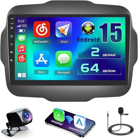 5 جيجا هرتز واي فاي [2G+64G] راديو سيارة Android 15 لسيارة Jeep Renegade 2015-2020 ستيريو مع Carplay Android Auto، شاشة لمس عالية الدقة 9 بوصة مع نظام تحديد المواقع بلوتوث FM/RDS EQ SWC 26UI ميكروفون كاميرا احتياطية in Kuwait