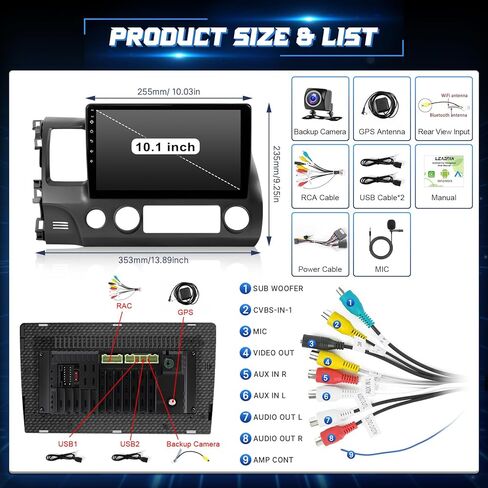 راديو سيارة Leadfan لسيارة Honda Civic 2006-2011 ستيريو مع Carplay لاسلكي Android Auto، شاشة لمس 10.1 بوصة لسيارة Honda Civic GPS Navigation Bluetooth WiFi كاميرا خلفية FM Mirrorlink تقسيم الشاشة SWC in Kuwait